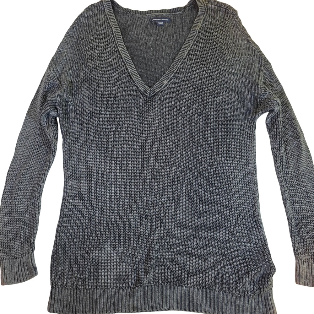 AMERICAN EAGLE Women's XL Gray V-Neck Longline‎ Ribbed Knit Sweater Y2K